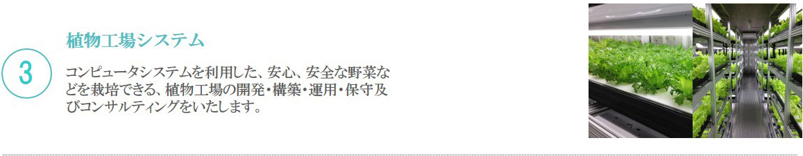 3 植物工場システム／コンピュータシステムを利用した、安心、安全な野菜などを栽培できる、植物工場の開発・構築・運用・保守及びコンサルティングをいたします。